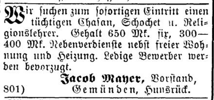 Eine weitere Stellenanzeige für einen jüdischen Lehrer