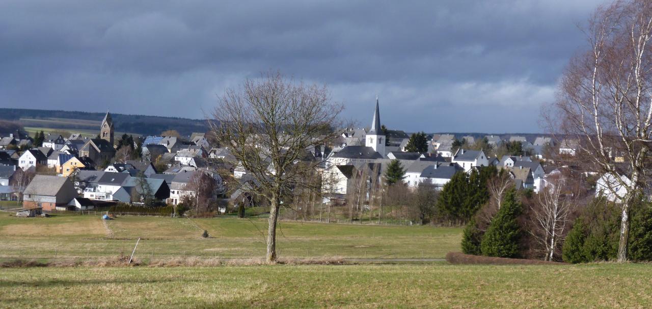 Blick von der Straße nach Gösenroth auf Laufersweiler. Links die evangelische Kirche, rechts neben der kath. Kirch die Synagoge
