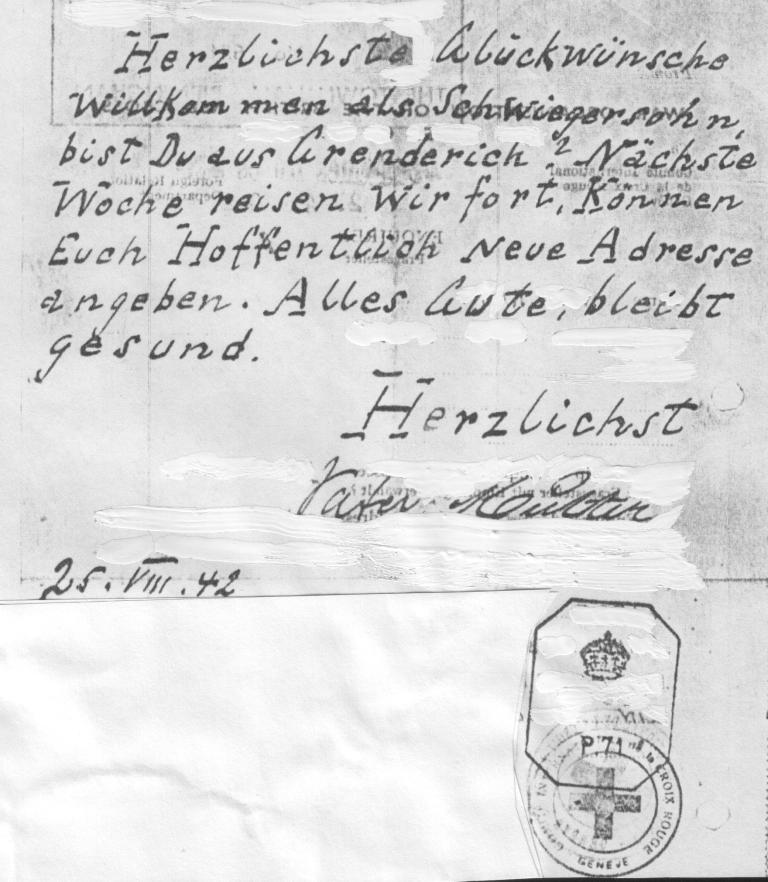 Letzter Brief des Ehepaares Katzenstein (Kastellaun) aus Theresienstadt